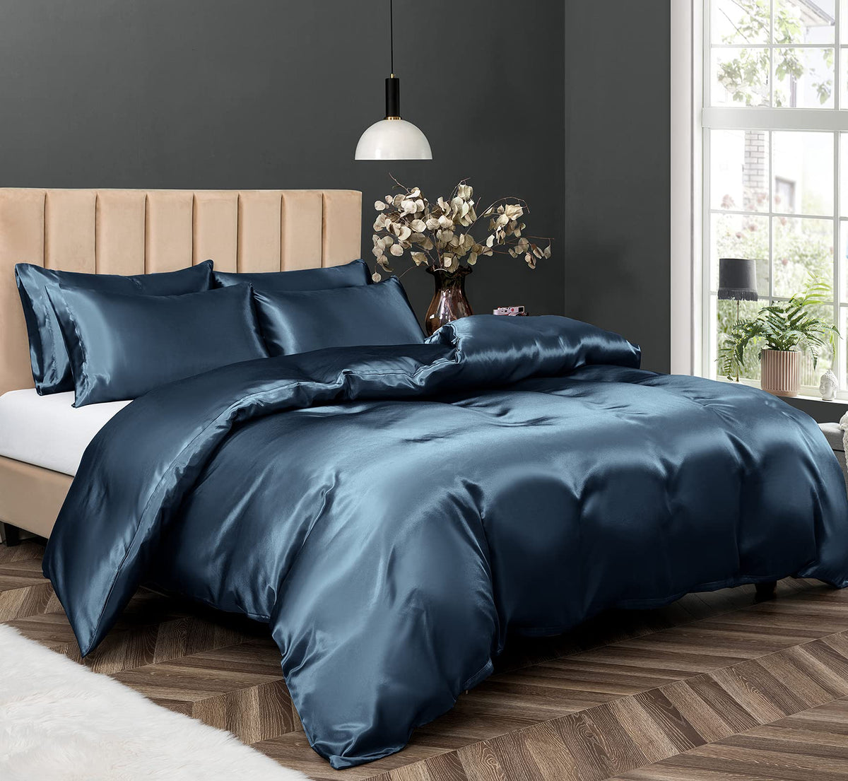 P Pothuiny 5 Pieces Blush Pink Satin Duvet Cover Full/Queen Size Set