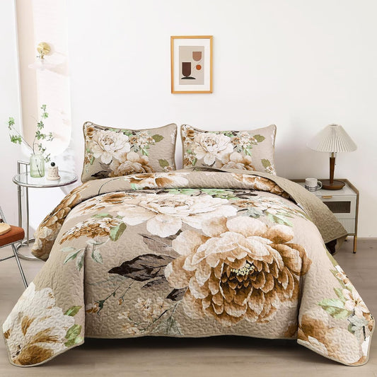 WONGS BEDDING Fall Quilt King Size, 3 Pcs Taupe Floral Bedspread Bedding