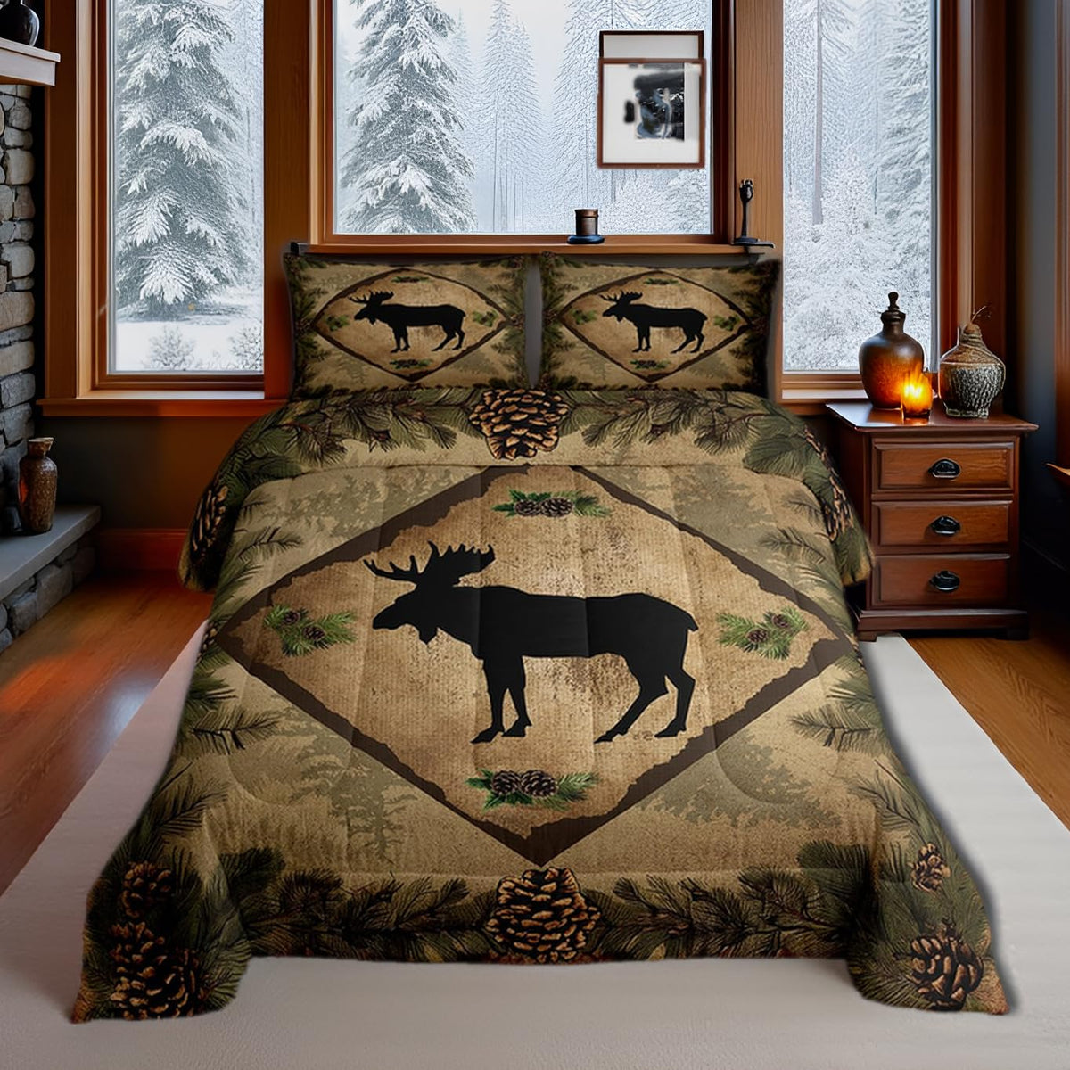 Homewish Jungle Cabin Comforter Set,Moose Animal Pine Trees Bedding Sets for Kids Teens Adults,Retro Wooden Stripes Rustic Farmhouse Quilted Comforter with 2 Pillowcases Queen Size 3 Pcs