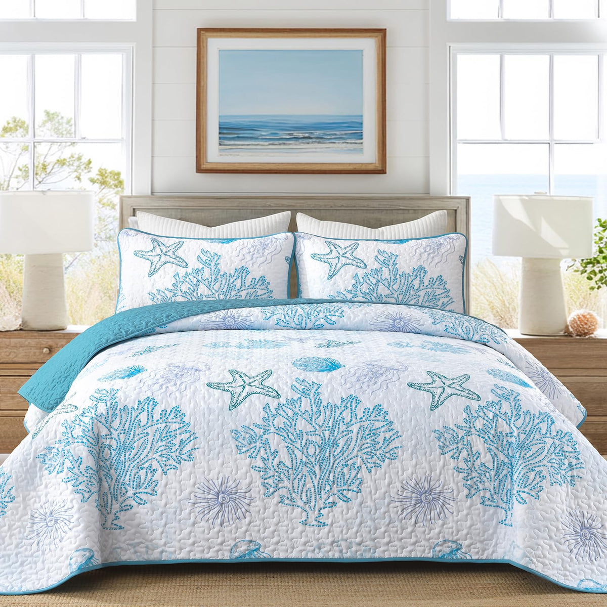 DJY Ocean Coastal Quilt Queen Size, 3 Pcs Sea Turtle Theme Bedspread Set
