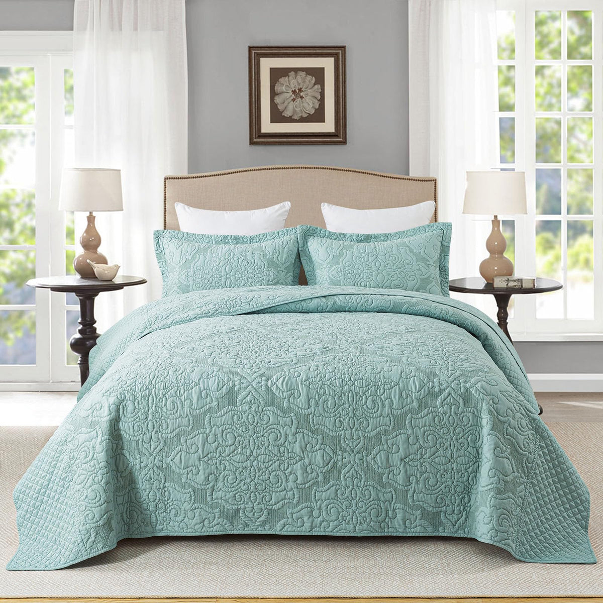 Travan 3-Piece Quilt Set Quilted Bedspread Lightweight Coverlet Set Garden Style Floral Printed Oversized Quilted Bedding Set with Shams for All Season, Exquisite, King Size