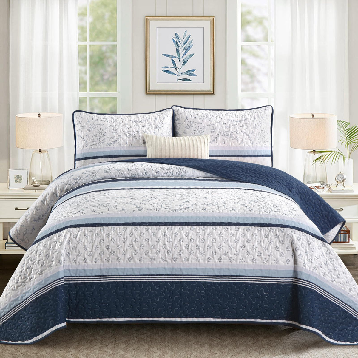 DJY Queen Quilt Set, Lightweight Striped Bedspread Bedding Set, Dark Brown