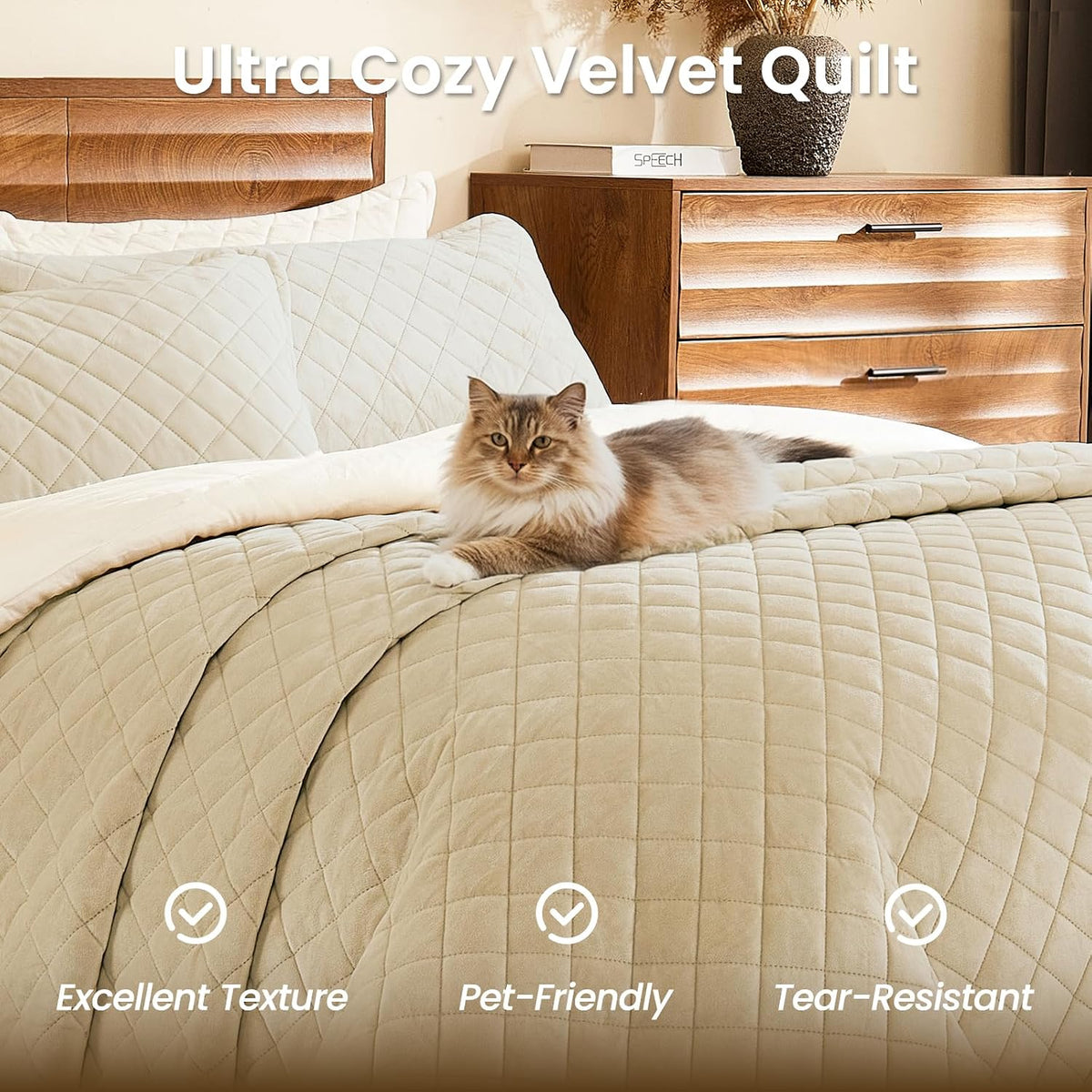 L'AGRATY Velvet Quilt King Size: 3-Piece Reversible Luxury Velvet Bedding Comforter Set - Lightweight Oversized Quilted Bedspread Coverlet with 2 Pillow Sham for All Season - Light Linen Quilt