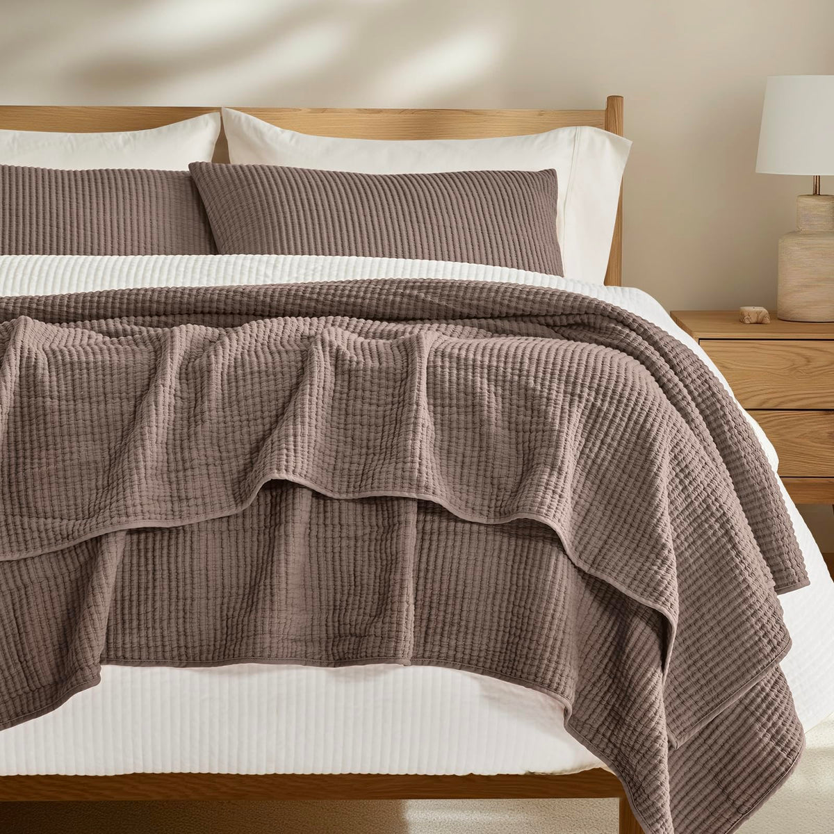 EVERGRACEHOME Cotton Ribbed Matelassé Coverlet Set, Queen Size, Clay