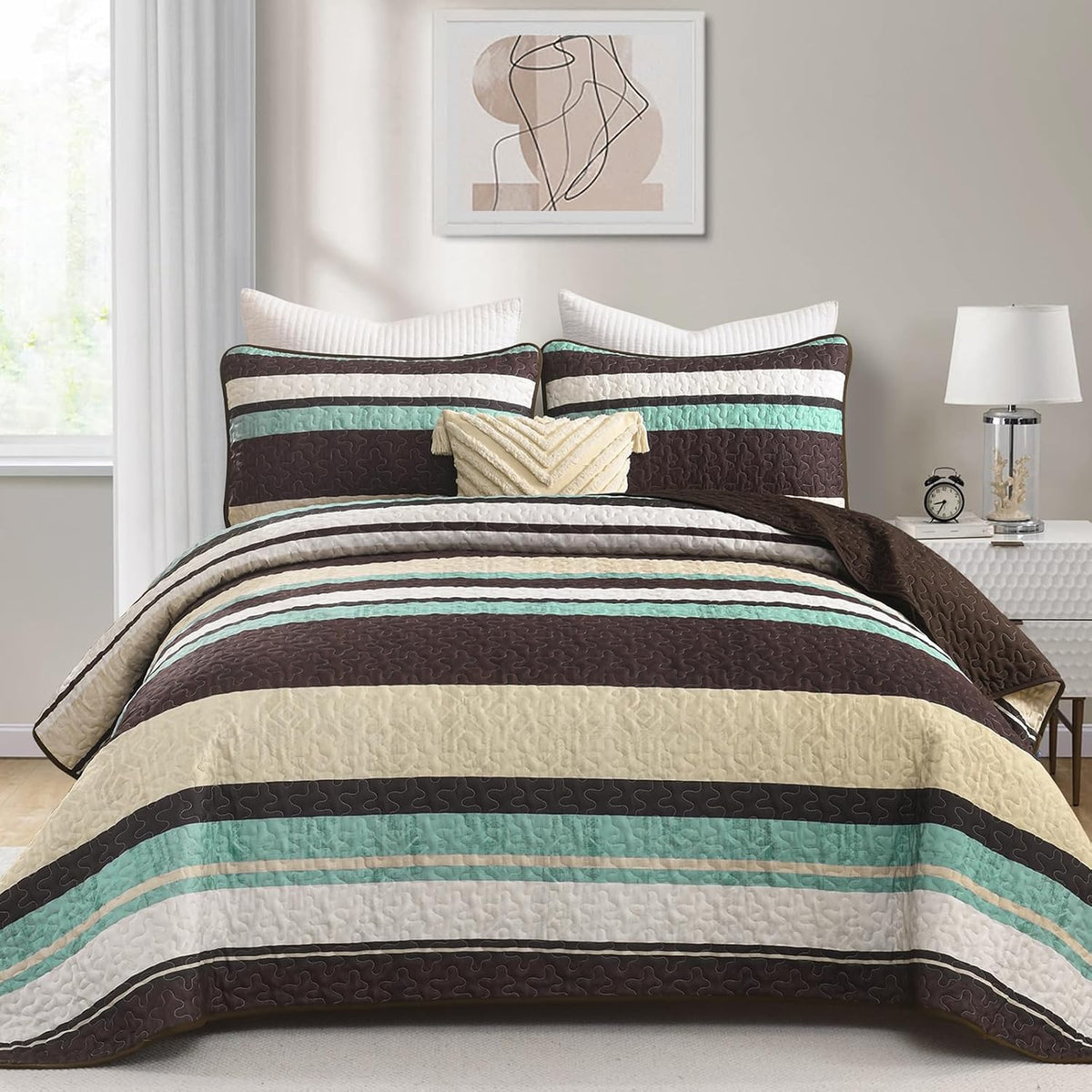 Dobuyly King Size Striped Quilt, Boho Brown Lightweight Bedspread Bedding