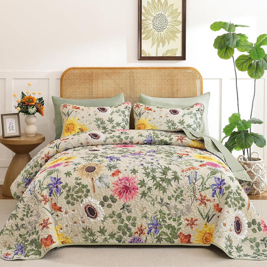 Yiran Beige Floral Quilt King Size, Sunflower Bedspreads Bedding Set
