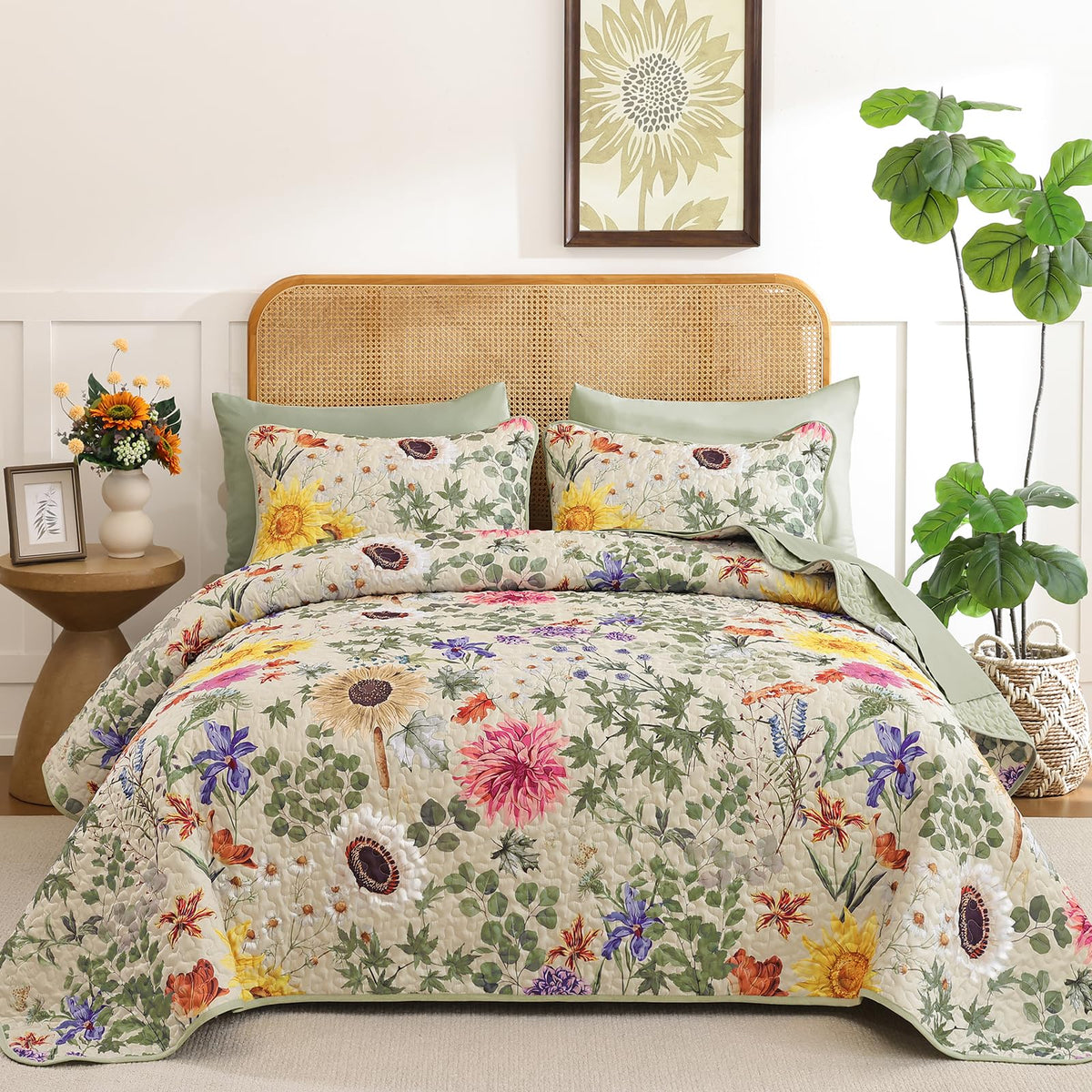 Yiran Beige Floral Quilt King Size, Sunflower Bedspreads Bedding Set