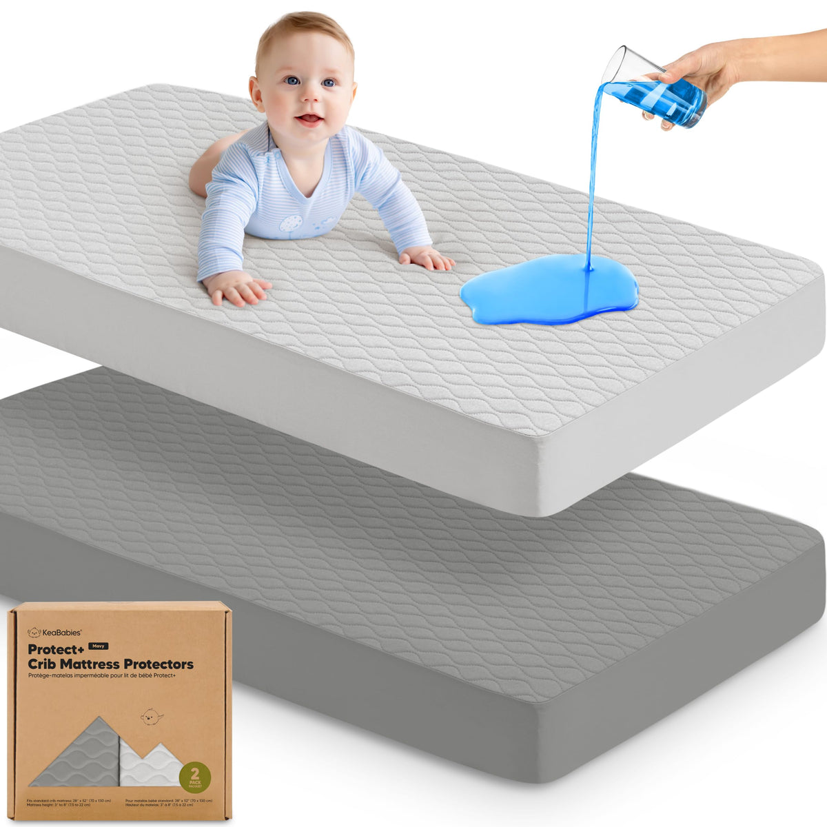 2pk Waterproof Crib Mattress Protector Cover Fitted 52x28 (Soft White/Mavy)