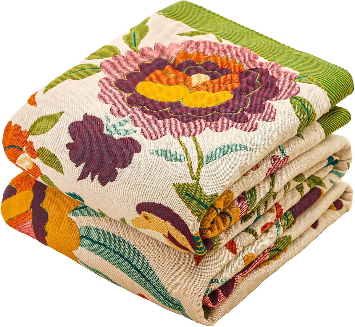 Floral Rustic Large Boho Throw Blanket 90"x98" Orange&Sage Green
