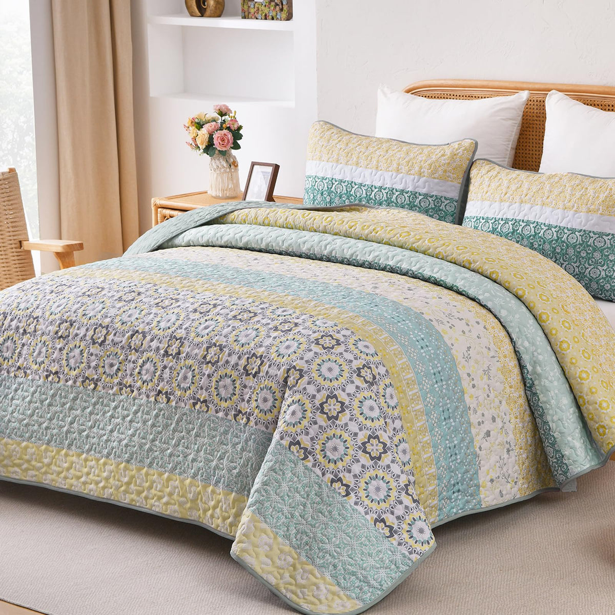 WONGS BEDDING Boho Quilt Set Queen，3 Pcs Yellow Floral Striped Bedspread