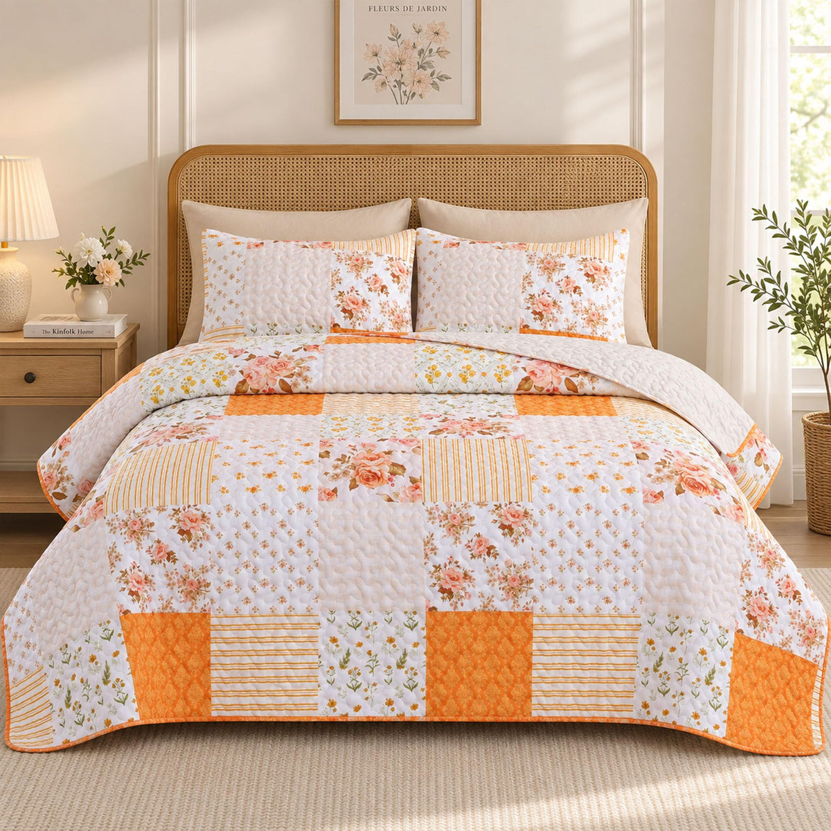 YIKUSH Floral Quilt Set Queen Size – Ultra Soft Lightweight Bedspread, 3 Piece Pink Bedding Set (90"x90") with Pillowcases (20"x26"), All Season Coverlet for Bedroom & Guest Room