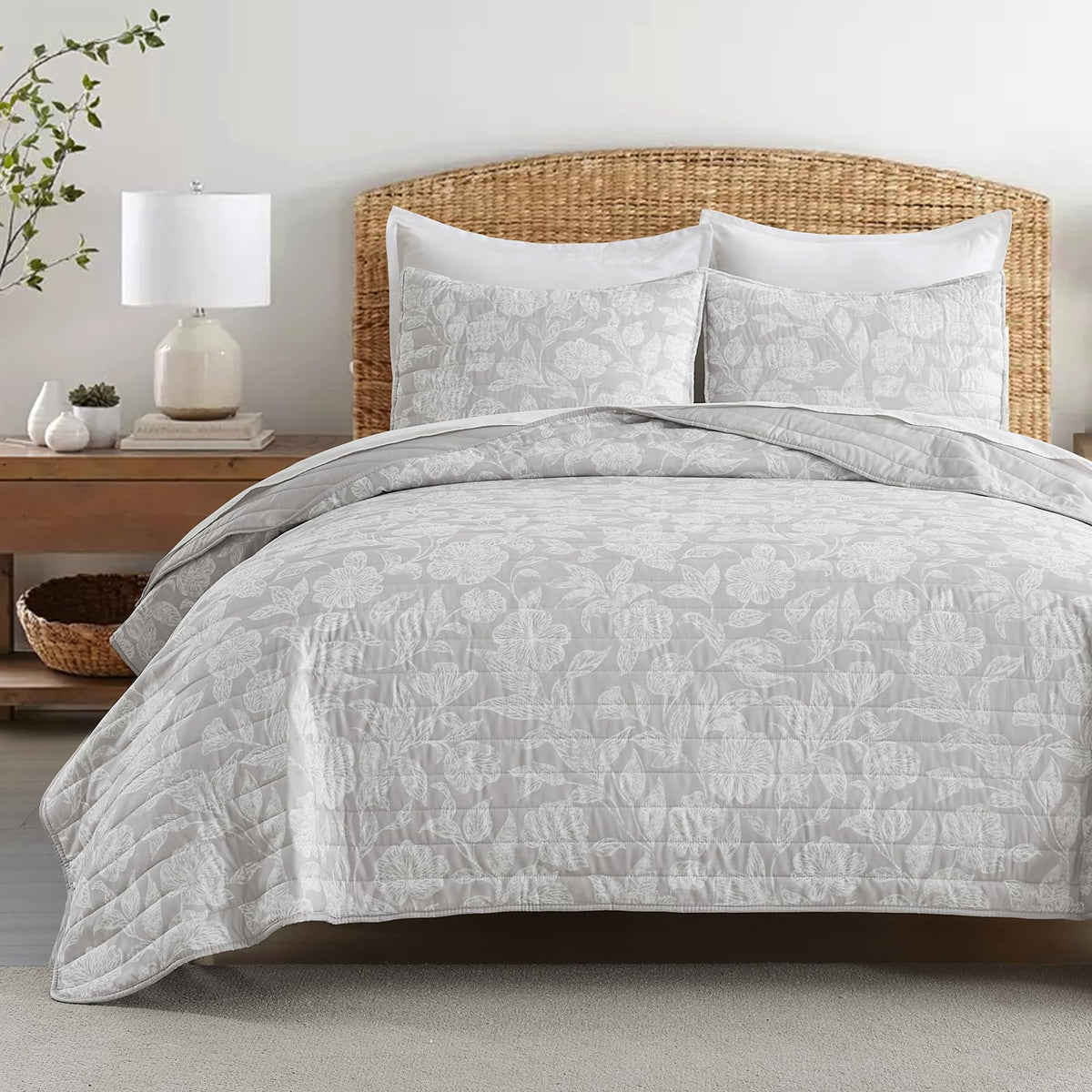 HORIMOTE HOME Tropical Plants Quilt Set Queen Size 3 Pieces, Green Palm Leaves Rainforest Style Fine Printed Reversible Bedspreads Bedding Sets, Soft and Lightweight Bed Coverlet for All Season