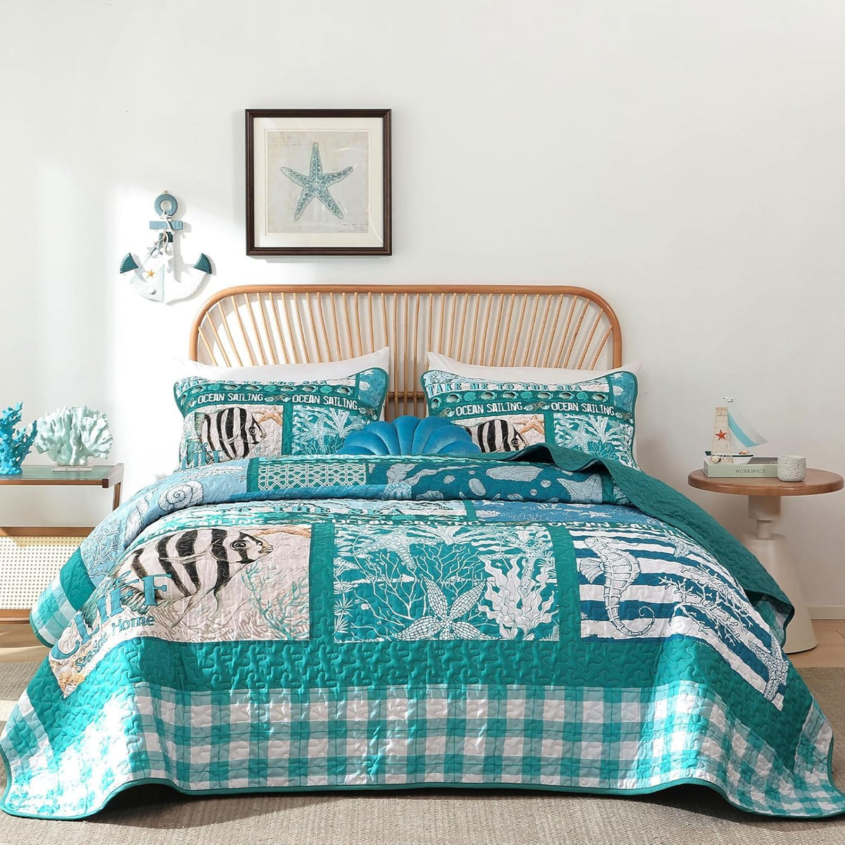 DJY Ocean Coastal Quilt Queen Size, 3 Pcs Sea Turtle Theme Bedspread Set