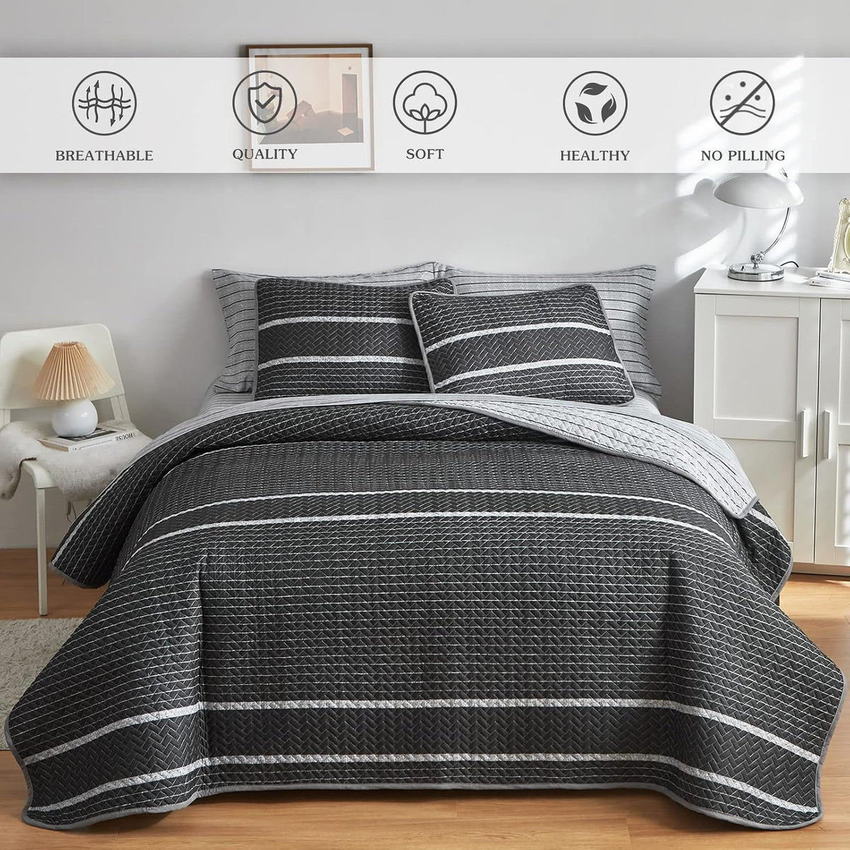 Flysheep Dark Grey Boho Quilt Set Full Queen Size, 3 Pcs White Striped on Gray Reversible Bedspread, Brushed Microfiber Coverlet for All Season, 1 Quilt + 2 Pillow Shams