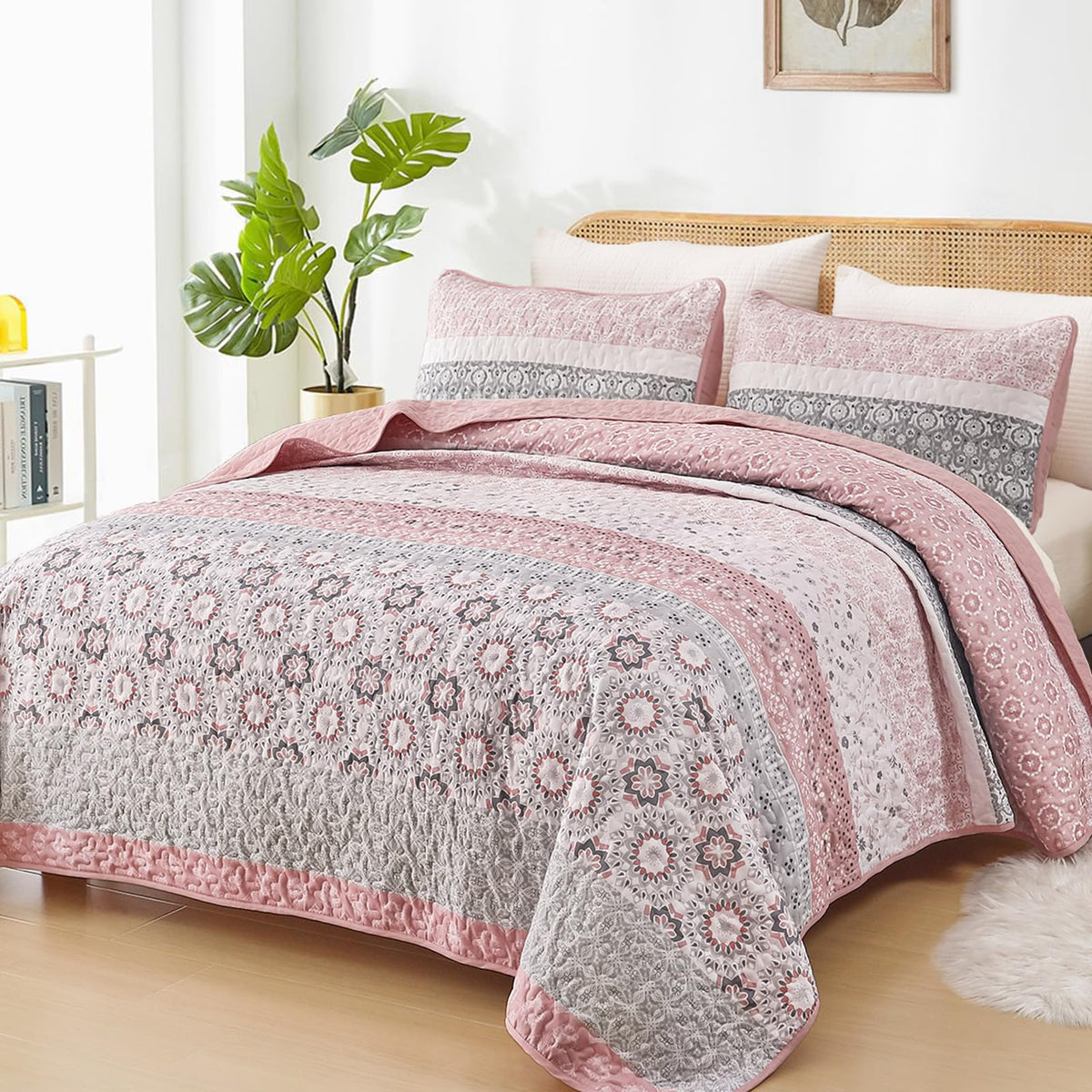 WONGS BEDDING Boho Quilt Set Queen，3 Pcs Yellow Floral Striped Bedspread