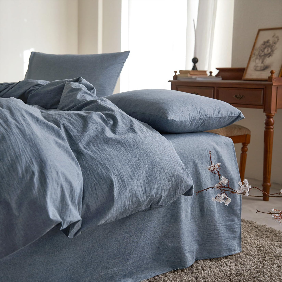 Wake In Cloud - Cotton Duvet Cover Set, 100% Washed Cotton, Linen Like Textured, Breathable Durable Comfy Farmhouse Neutral Bedding Set, 3 Pieces, Light Denim Blue, Twin/Twin XL Size