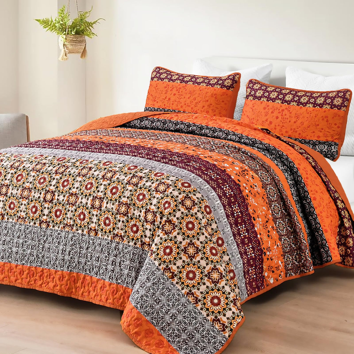 WONGS BEDDING Boho Quilt Set Queen，3 Pcs Yellow Floral Striped Bedspread