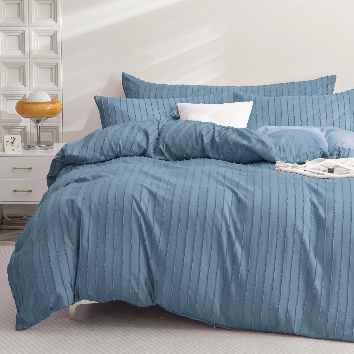 JELLYMONI White Striped Tufted Duvet Cover Set Queen Size