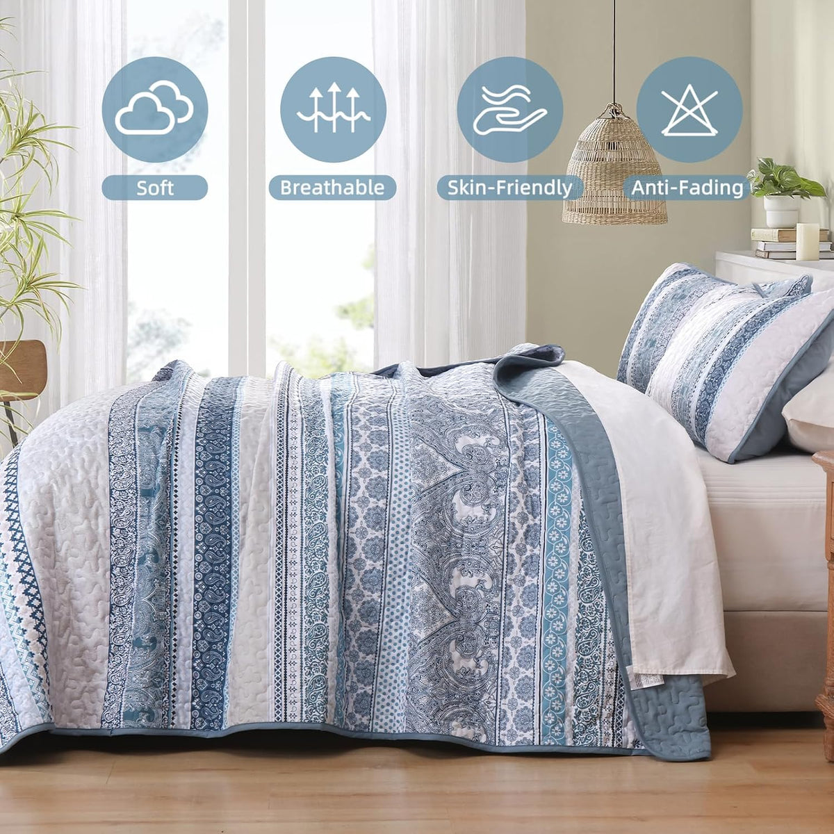 WONGS BEDDING Boho King Quilt Set，3 Pcs Light Blue Summer Bedspread