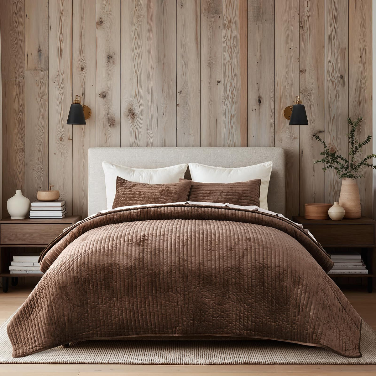 EverGrace Stripe Channel Luxury Velvet Quilt Set King Size, Mocha Brown