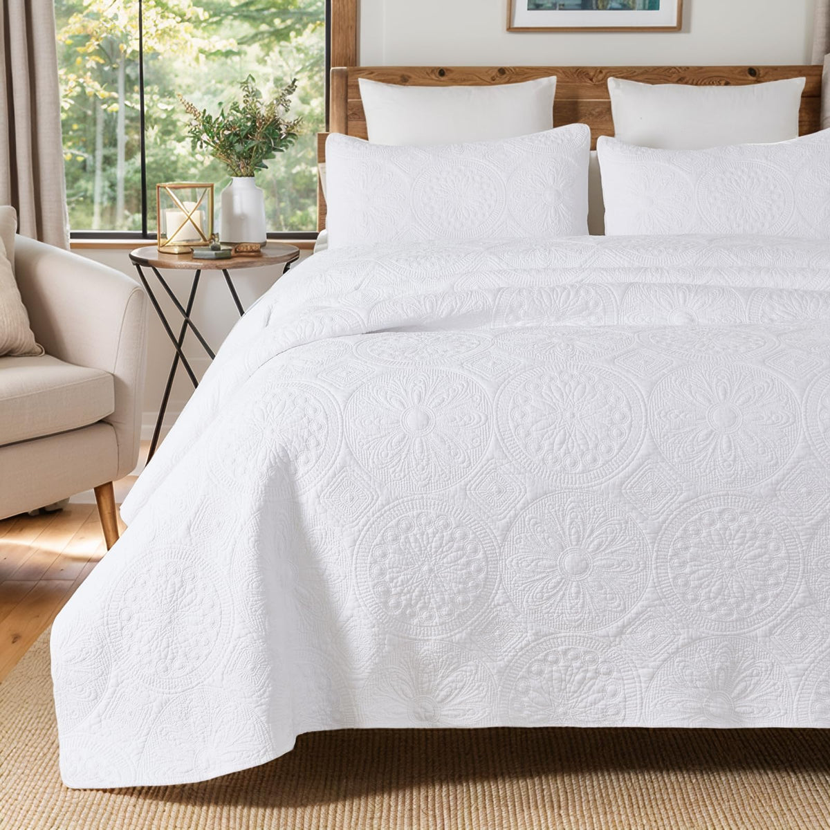 Brandream Queen Size Quilt Set Cotton Beige Quilts Luxury Medallion Matelasse Coverlet Set 3-Piece