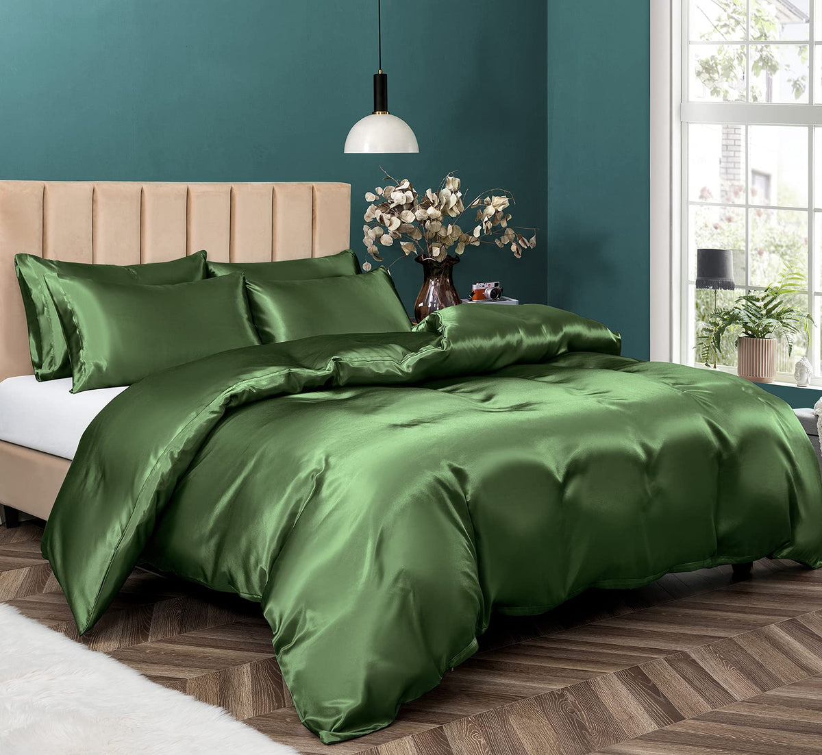 P Pothuiny 5 Pieces Blush Pink Satin Duvet Cover Full/Queen Size Set