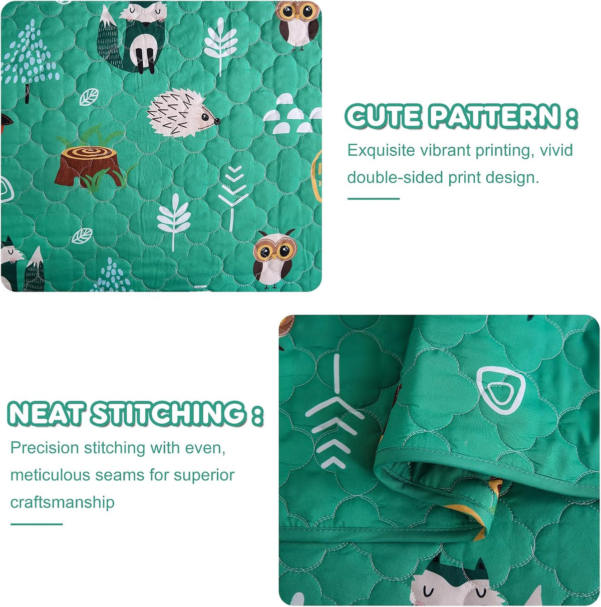Green Forest Animals Themed Quilt Set Full Size for Boys, 3 Pieces