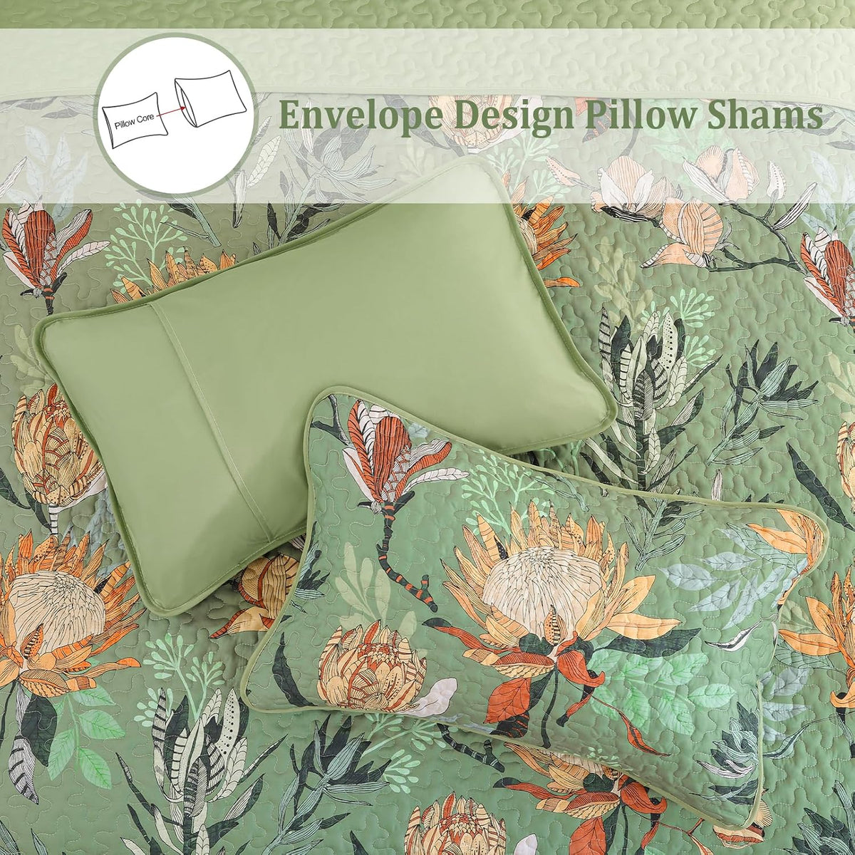 Dintszyayue Quilt King Size Green, 3 Pcs Boho Floral Bedspread Bedding Set