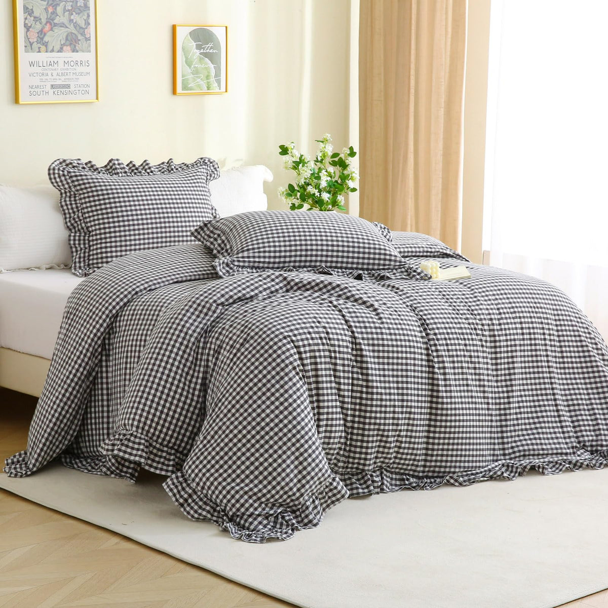 Silnuo Light Blue/White Gingham Plaid Ruffle Duvet Cover Set King Size