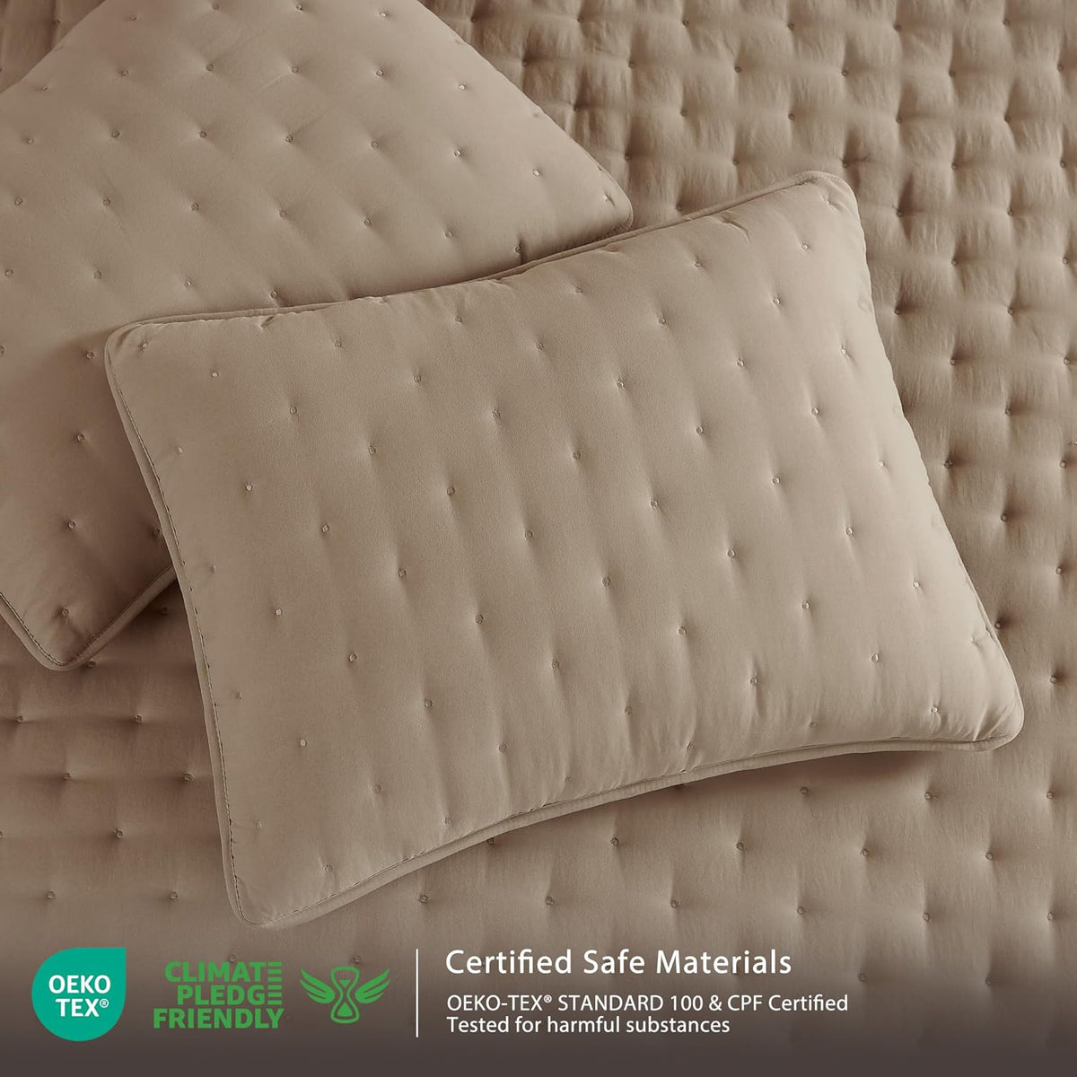 WDCOZY Beige Cloud Queen Size Quilt Set, Tan Lightweight Farmhouse Bedspread, Rustic Country Coverlet, Taupe Camel Soft Bedding, Thin Comforter for All Season - 3 Pieces, 90x90 inches