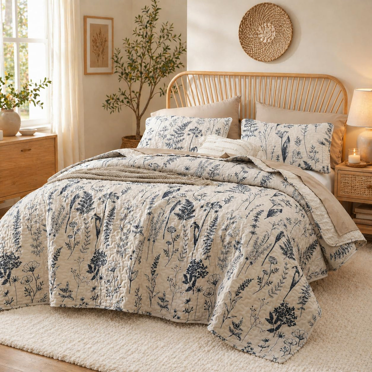 JANZAA Quilts Queen Size, Sage Green Bedspread 3 Pcs Floral Bedding Set