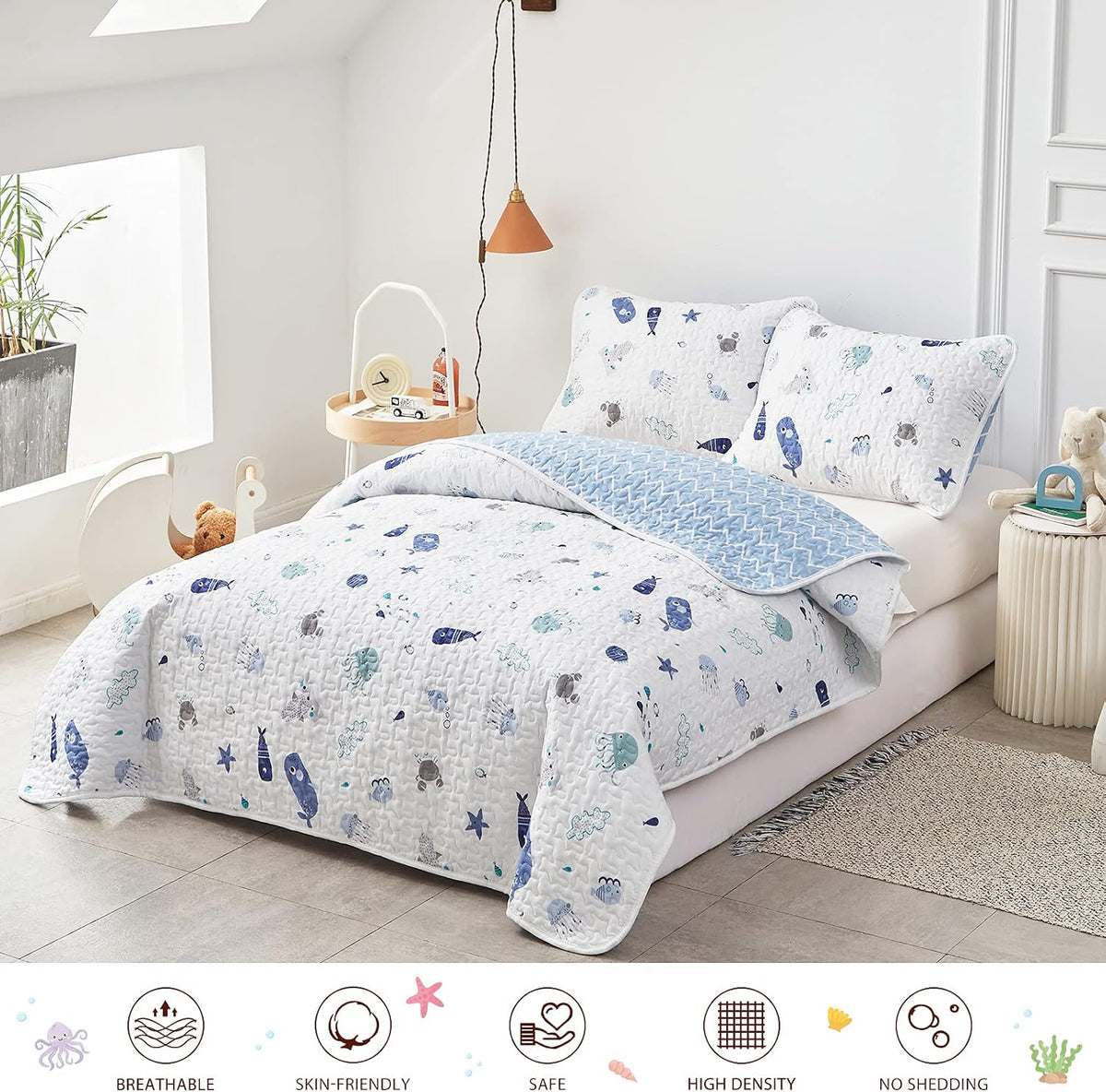 Joyreap 2-Piece Cotton Quilt Set Twin, Vibrant Ocean Theme Starfish Whale Crab Printed on White, Smooth Soft Quilt Bedspread Bed Cover for All Season, 1 Quilt and 1 Pillow Sham- 68x86 inches