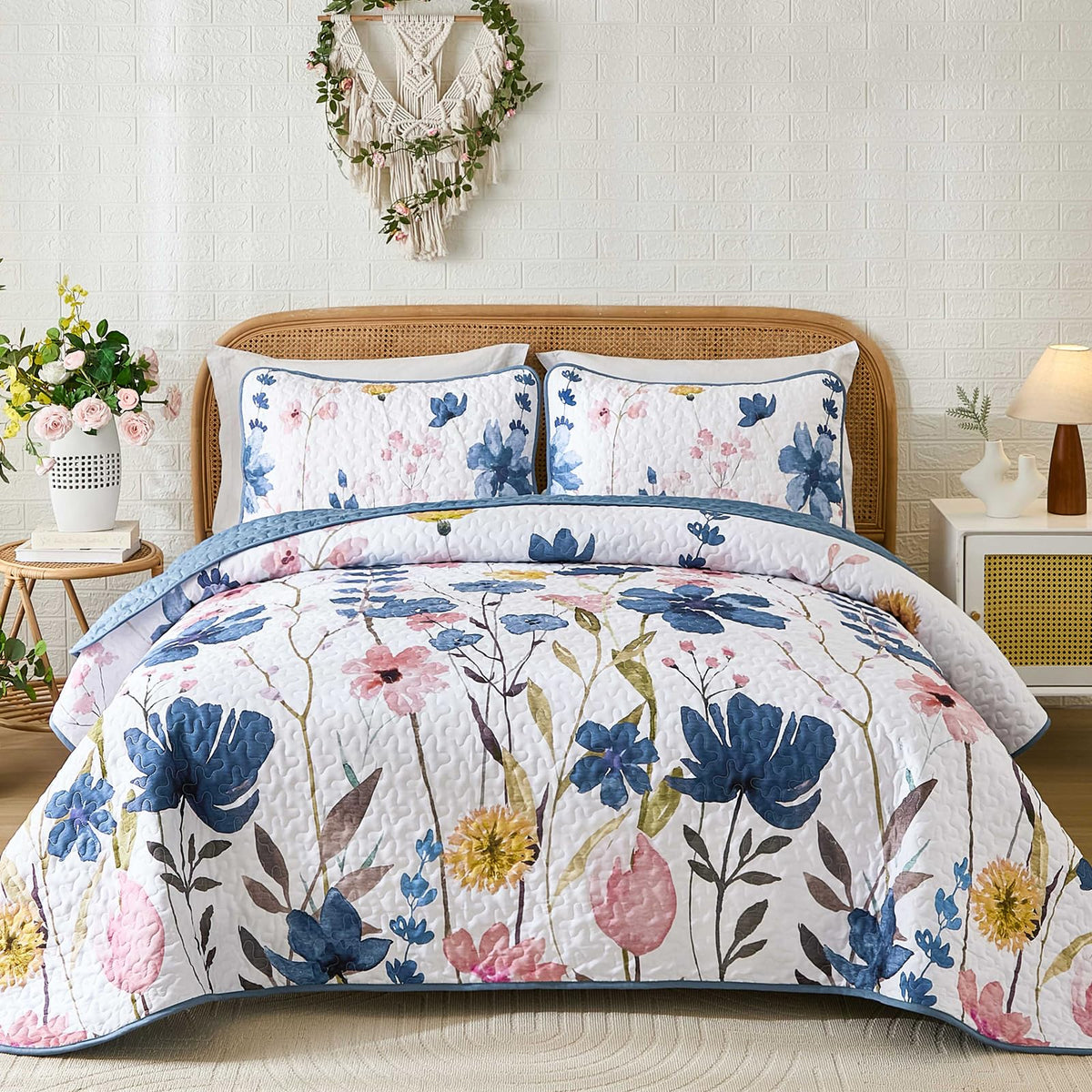 Anibedding Floral Quilt Set King, 3 Pieces Yellow Lightweight Bedspread