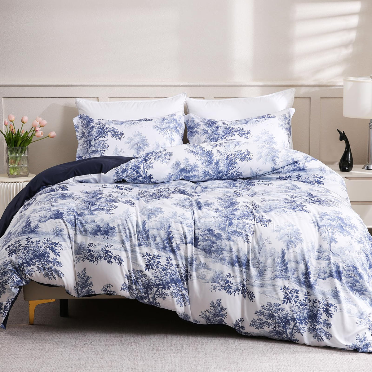 LONAVA Queen Floral 3 Pcs Duvet Cover Set, Breathable Soft Microfiber Glass Green Lining Comforter Cover with Zipper Closure, and 2 Anti-Pilling, Fade Resistant Pillowcases, Fall Floral