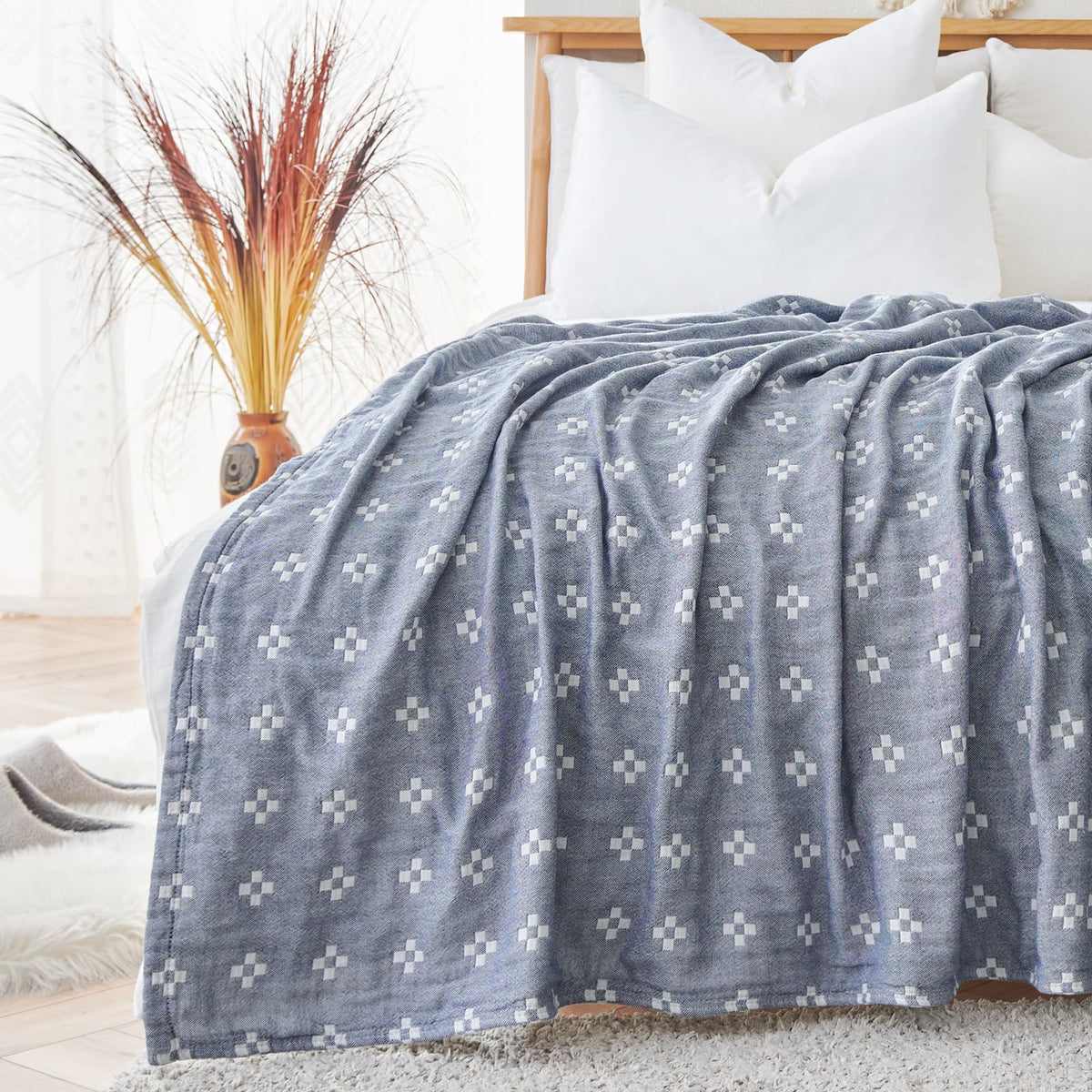 jinchan 100% Cotton Muslin Blanket Twin Boho Throw Blanket 50x60 Gray