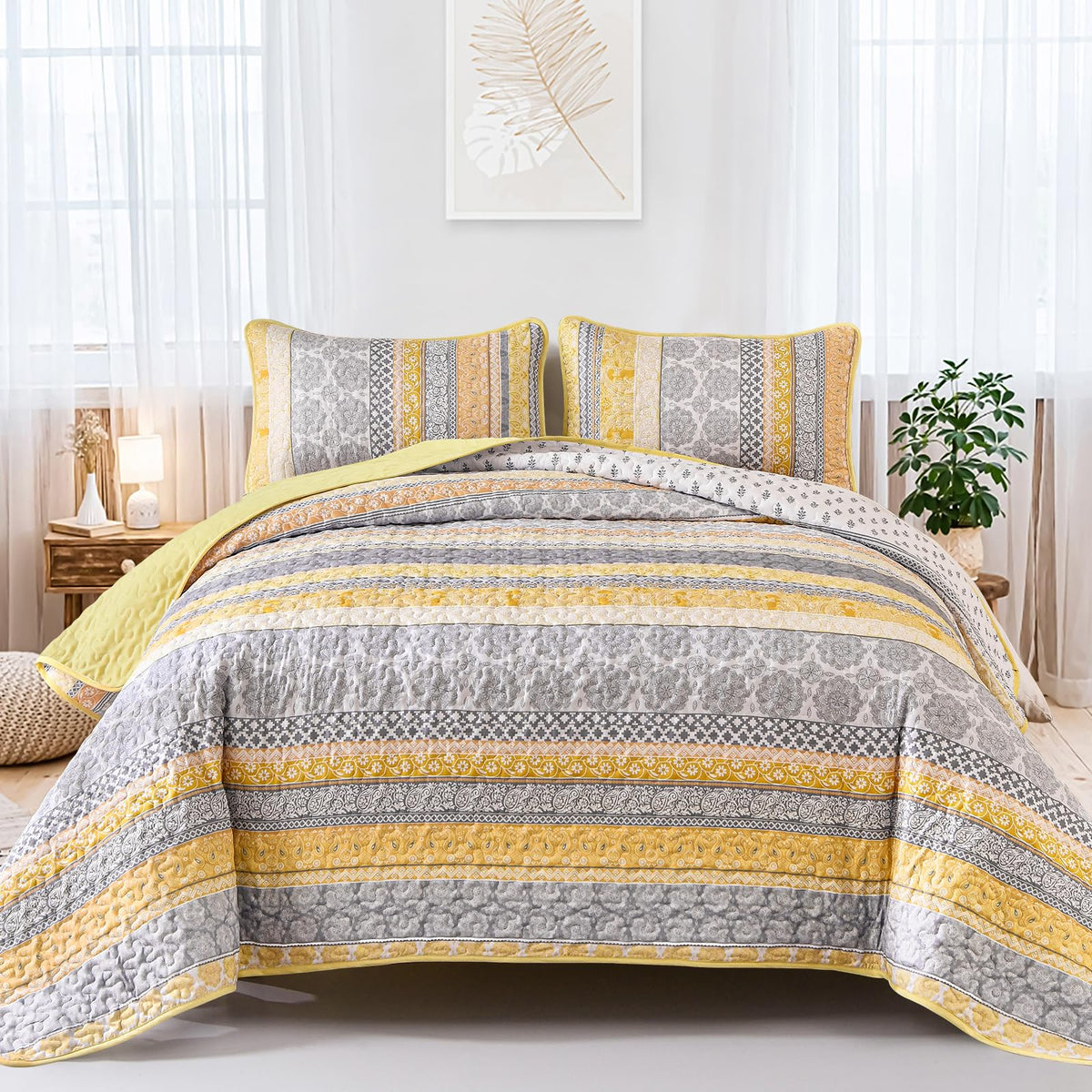WONGS BEDDING Boho King Quilt Set，3 Pcs Light Blue Summer Bedspread