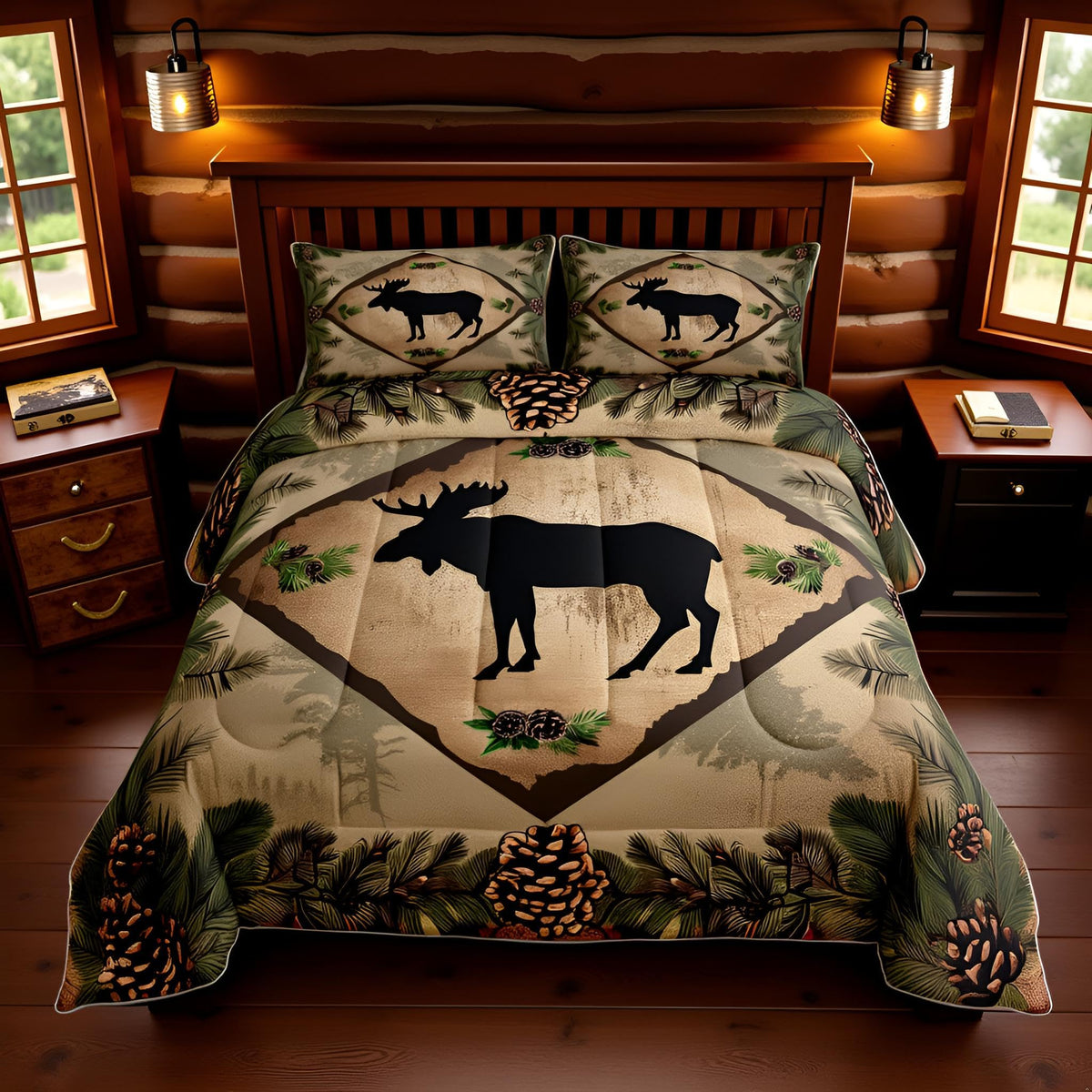 Homewish Jungle Cabin Comforter Set,Moose Animal Pine Trees Bedding Sets for Kids Teens Adults,Retro Wooden Stripes Rustic Farmhouse Quilted Comforter with 2 Pillowcases Queen Size 3 Pcs