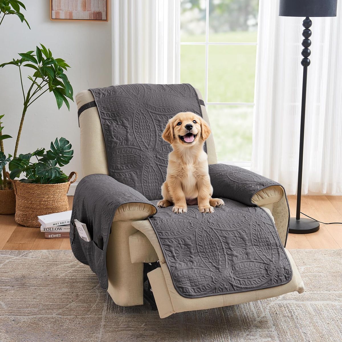 Soft Quilted Couch Cover with Pockets for Extra-Large Sofa, Anti-Slip Sofa Covers Washable for 3 Cushion Pet Friendly Medallion Oversized Sofa Cover Water-Repellent (X-Large Sofa 78", Ivory White)
