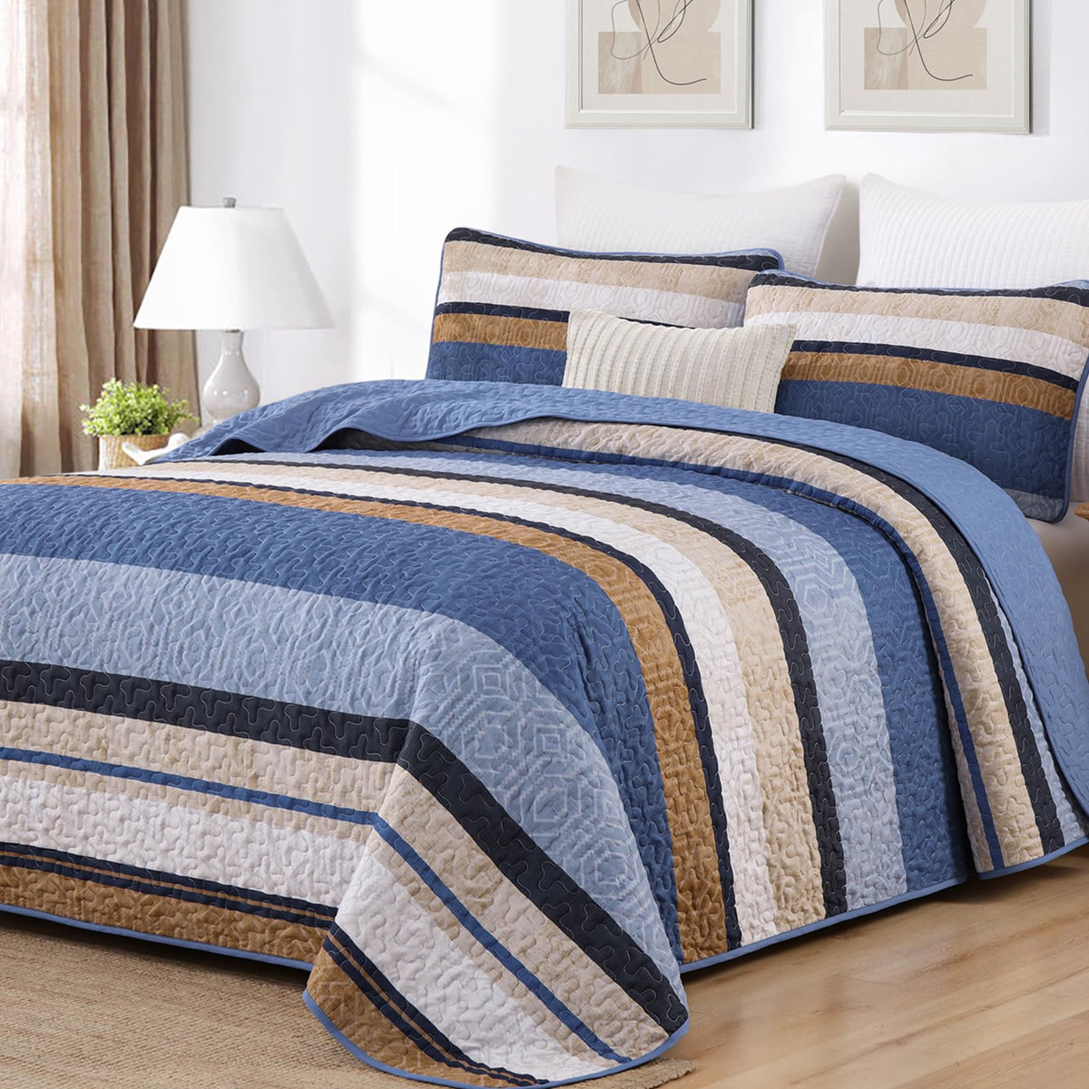 Dobuyly King Size Striped Quilt, Boho Brown Lightweight Bedspread Bedding