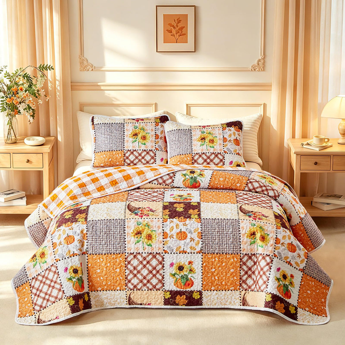 Joyreap 2pcs Floral Quilt Set Twin, Burgundy Red Botanical Patchwork Grid Design, Lightweight Cozy Bedspread Coverlet for All Season- 68x88 inches