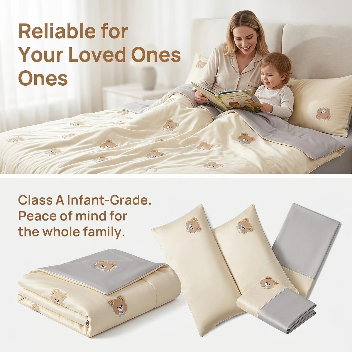 4-Piece Set Cooling Ice Silk Summer Quilt with Bear Embroidery Breathable Soft Bedding for Hot Sleepers