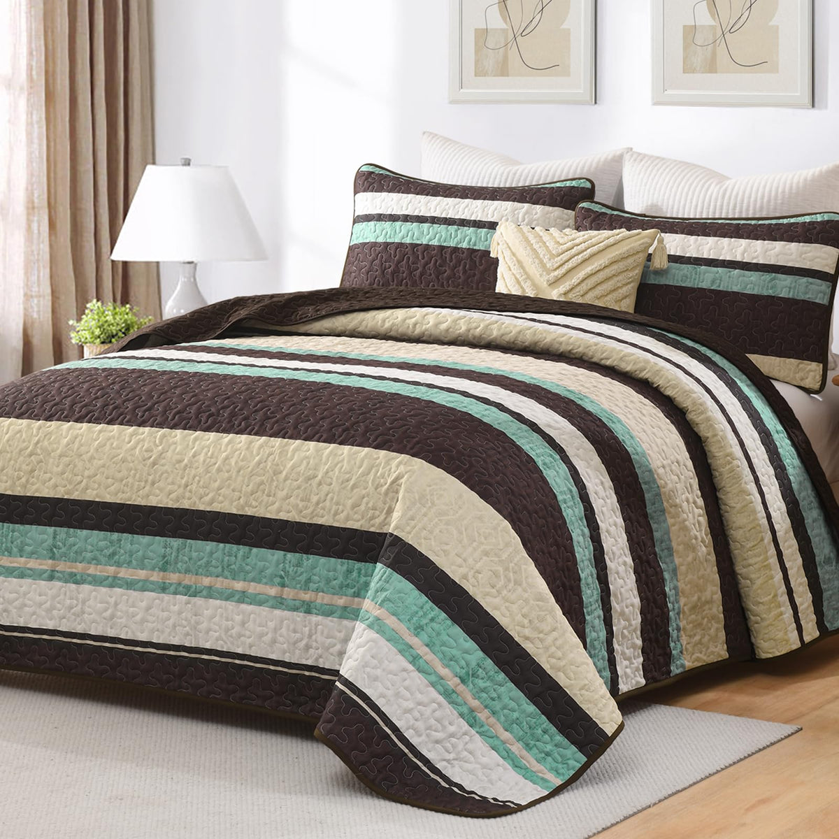 Dobuyly King Size Striped Quilt, Boho Brown Lightweight Bedspread Bedding