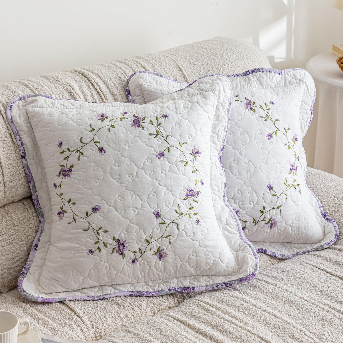vctops Set of 2 Cotton Quilted Decorative Square Throw Pillow Covers with Scalloped Floral Pattern Soft Cushion Case for Couch Sofa Bed (Green,18"x18")
