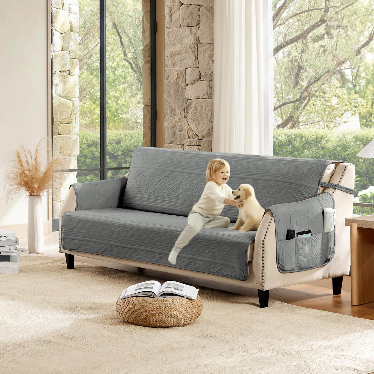 Soft Boho Quilted Couch Cover with Pockets for Extra-Large Sofa, Anti-Slip Boho Sofa Covers Washable for 3 Cushion Pet Friendly, Oversized Sofa Cover Water-Repellent (X-Large Sofa 78", Beige)