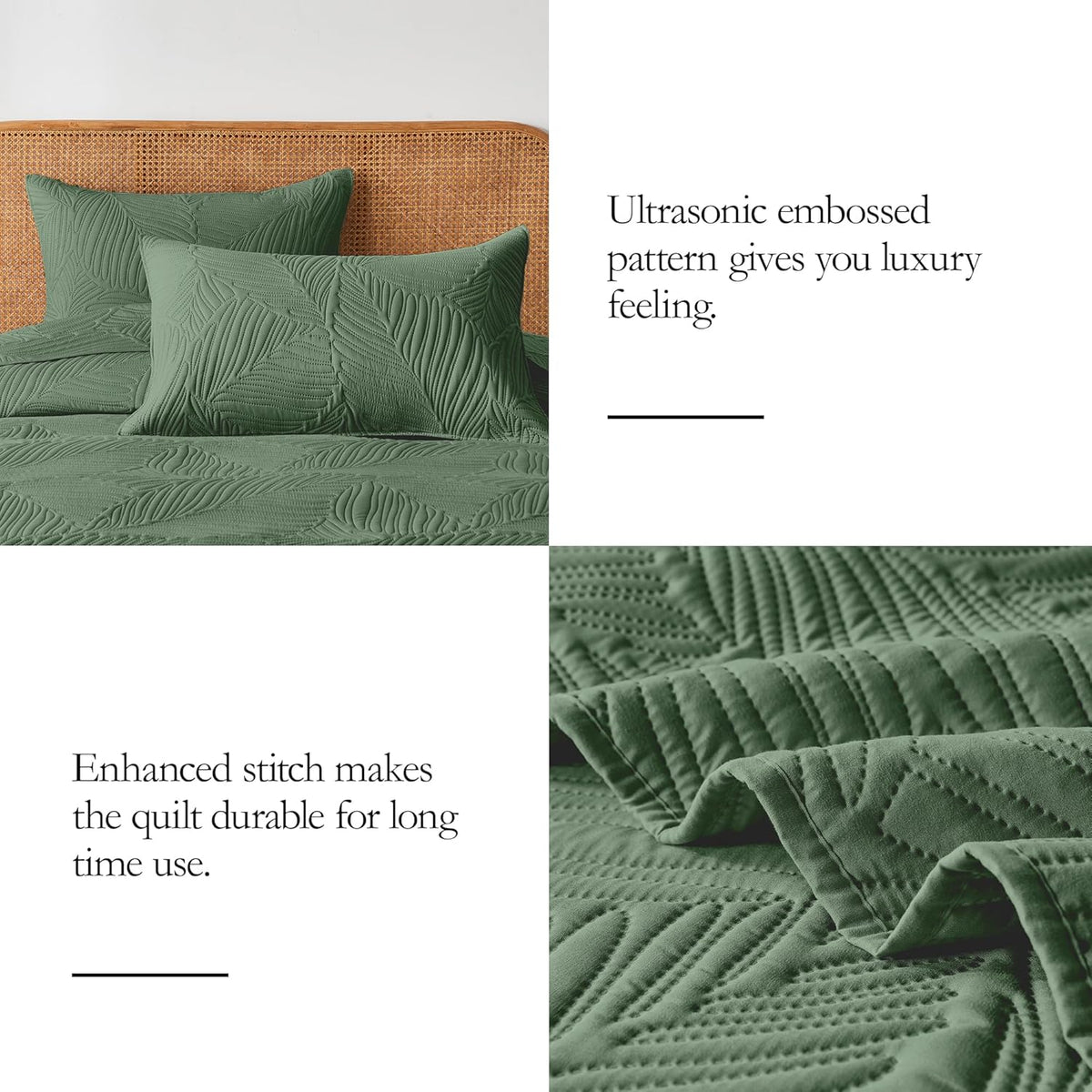OARAGE King Quilt Bedding Set Lightweight Soft Olive Green Bedspread Coverlet with Leaf Pattern,Ultrasonic Microfiber Bed Cover Set for All Season 3 Pieces (1 Quilt, 2 Shams)