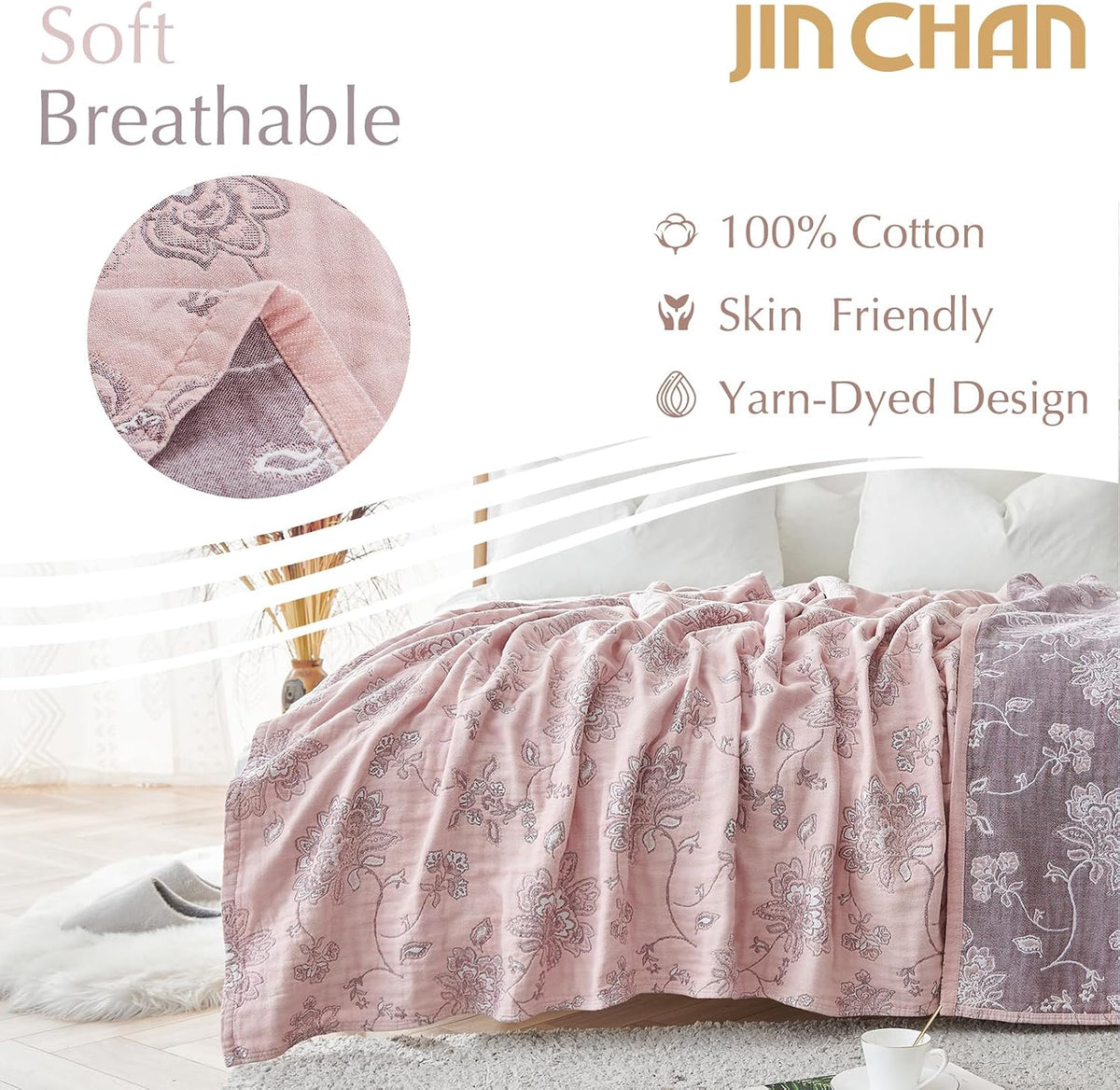 jinchan 100% Cotton Muslin Blanket Twin Boho Throw Blanket 50x60 Pink Multi