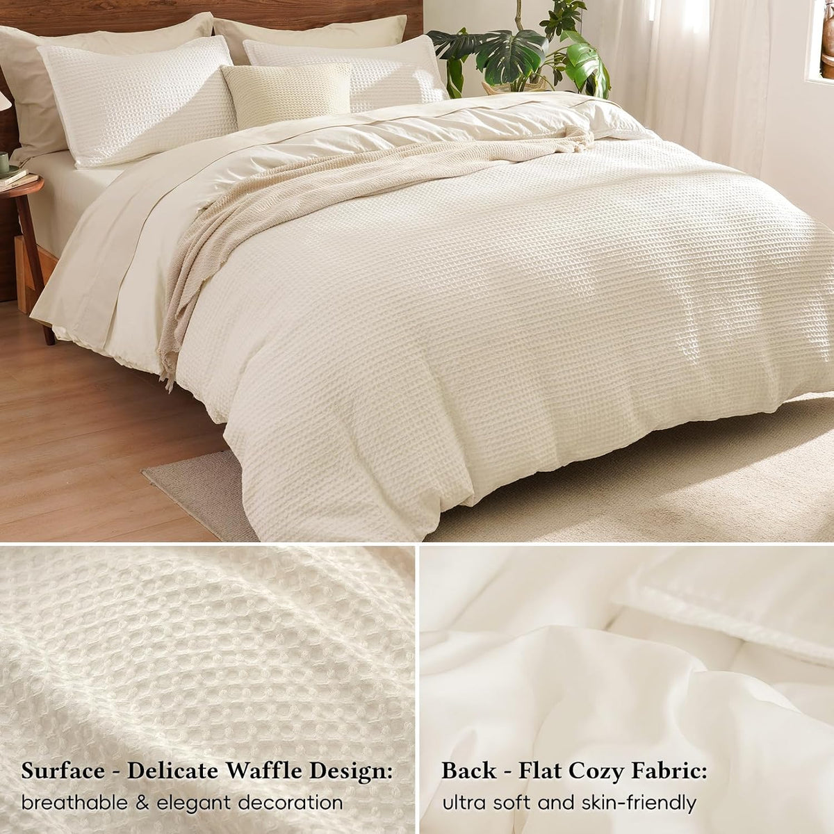 David's Home Textured Waffle Weave Duvet Cover Set, Twin, Cannoli Cream