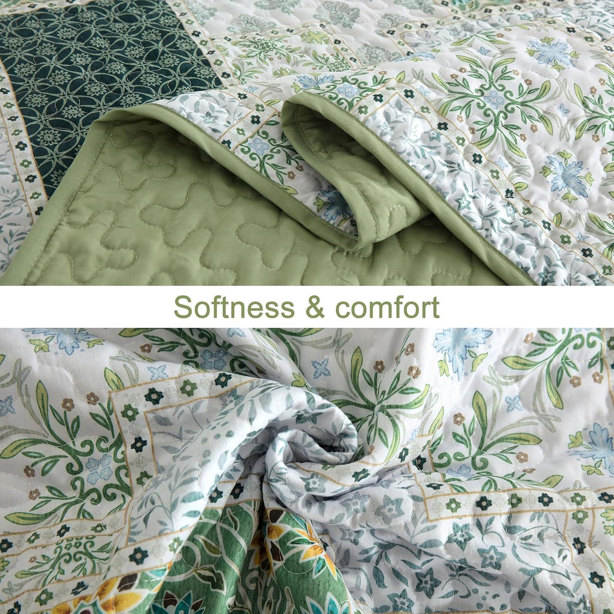 Xruibed Patchwork Quilt Set King Size, 3 Pcs Green Plaid Bedspread Set