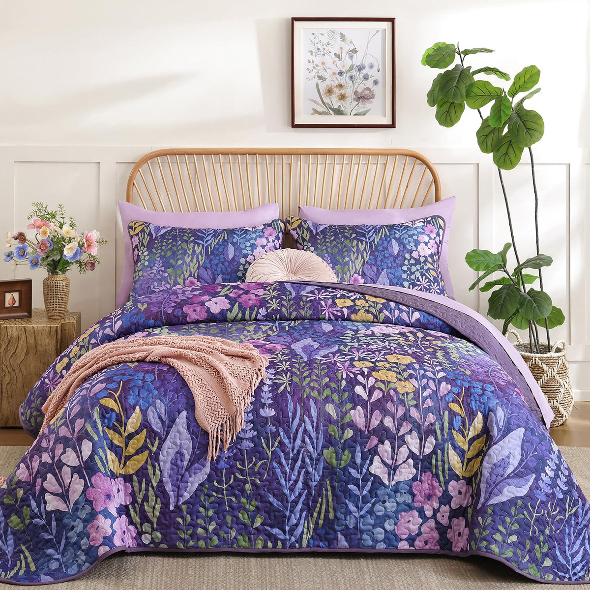 Xruibed Floral Quilt Sets King Size, 3 Pcs Soft Black Bedspread Bedding Set