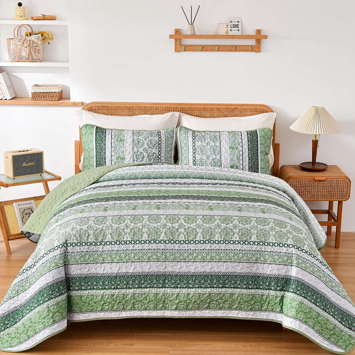 WONGS BEDDING Boho King Quilt Set，3 Pcs Light Blue Summer Bedspread